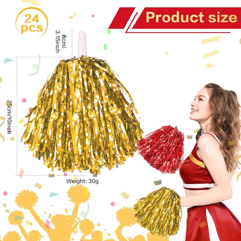 DILIBRA 24 Pcs Metallic Cheerleading Pom Poms for Kids, Cheerleaders Cheer Pom Poms with Baton Handle, Cheering Squad Hand Flower for Adults Team Spirit Sports Game Dancing Party - Image 2